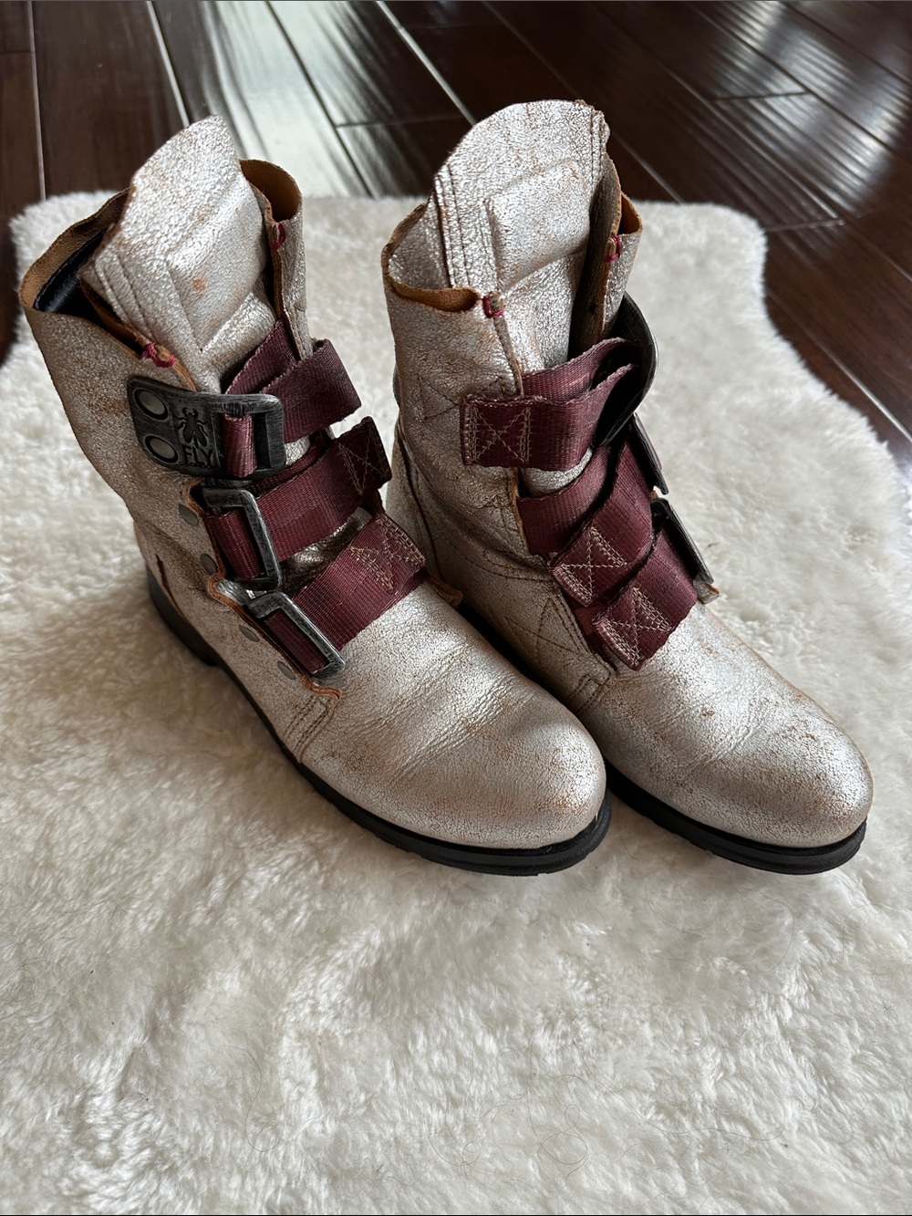 FLY London Pearl White Leather Triple Buckle Boots, Style Stif- Size 37
